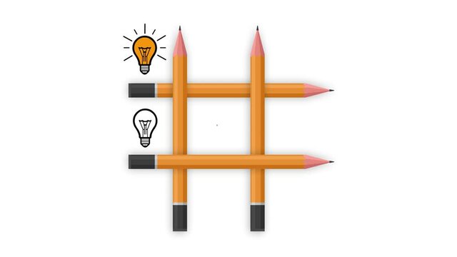 Tic Tac Toe Game Animation with light bulb and Pencil On White Background. Animated XO Game Lightbulb Conceptual Idea. business Creativity and Strategy concept  