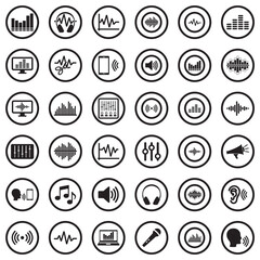 Sound And Volume Icons. Black Flat Design In Circle. Vector Illustration.