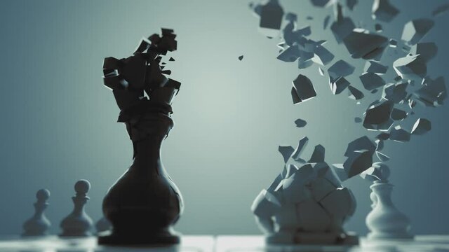 Destruction of chess figures series. Exploding kings in slow motion facing each other. Symbolic illustration of total war, disagreement, disaster and failure.