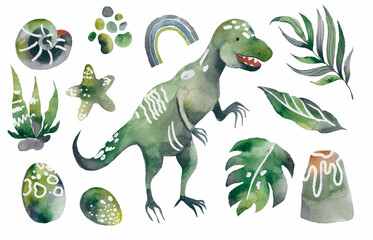 Dinosaur Set clipart. Cute Dino and other fantastic elements of nature of the prehistoric period. cartoon dinosaurs for kids illustration in watercolor hand-drawn style.