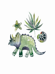 Fototapeta premium Triceratops Dinosaur poster. Cute Dino and other fantastic elements of nature of the prehistoric period.