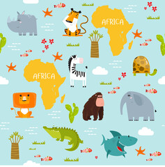 Print. Africa bacground with cartoon animals. Whale, elephant, lion, zebra, crocodile, fish, baobab tree, cactus