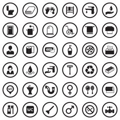 Toilet And WC Icons. Black Flat Design In Circle. Vector Illustration.