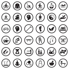 Therapy Icons. Black Flat Design In Circle. Vector Illustration.
