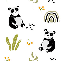 Print. Seamless background with panda. Cartoon panda. Fabric for children. 