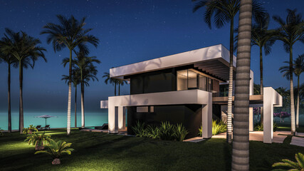 3d rendering of modern cozy house with pool and parking for sale or rent in luxurious style by the sea or ocean. Starlight night by the azure coast with palm trees and flowers in tropical island