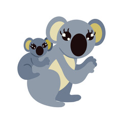 Adorable koala with baby hugging from back. Image isolated on white background. Vector illustration for website decoration of childrens products menu posters