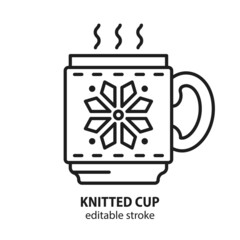 Knitted winter cup of hot drink vector illustration. Symbol of christmas. Editable stroke.