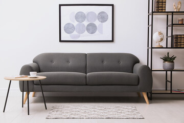 Stylish living room interior with grey rug, comfortable sofa and plant