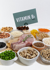 A set of natural products rich in vitamin B1 Thiamine. Healthy food concept. Cardboard sign with the inscription.