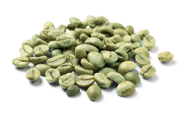 Pile of green coffee beans on white background