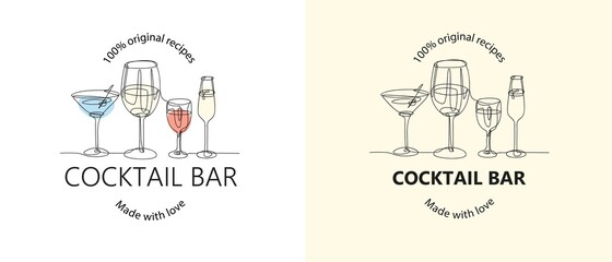 Set of emblems with glasses for wine and cocktails. Cocktail bar.