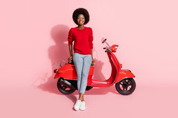 Fototapeta na wymiar Full length body size view of nice cheerful girl sitting on moped rent service license isolated over pink pastel color background