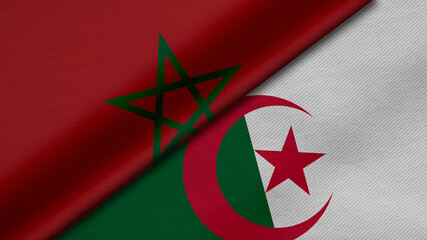 3D rendering of two flags of Kingdom of Morocco and People's Democratic Republic of Algeria together with fabric texture, bilateral relations, peace and conflict between countries - obrazy, fototapety, plakaty