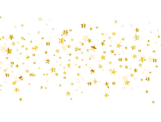 Golden glitter stars border on white background. Luxury elegant design elements. Gold shooting stars. Magic confetti decoration. Christmas texture. Vector illustration