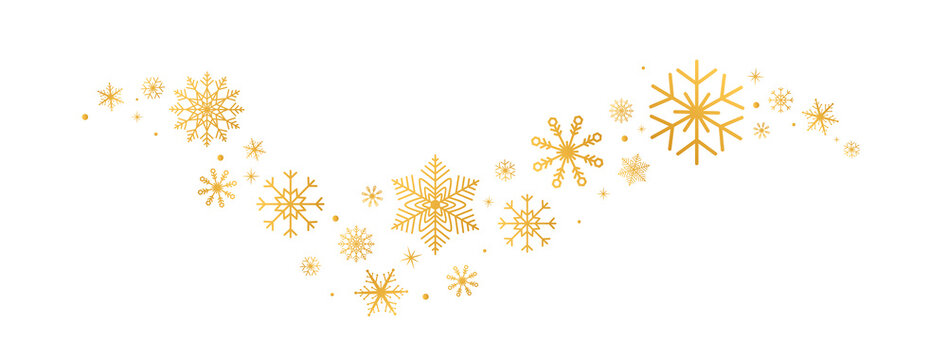Christmas gold celebration long banner. Snowflakes golden wave composition. Happy New Year card. Snow fall. Winter design. Holiday background. Season greeting. Glitter luxury card.Vector illustration