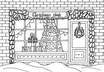 Hand drawn black and white Christmas shop coloring page. City street in winter at Christmas time line art illustration. Christmas tree and gifts in window shop.
