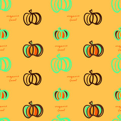 Pumpkin vector pattern illustration. Cartoon style wallpaper. Brown contoured pumpkins. Blue counters. Autumn colored brown, orange and blue elements. Lettering. Hand Drawn pumpkin pattern.