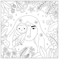 Coloring page with beauty woman and owl. Hand drawn doodle flowers, berries and leaves. Forest fairy. Black and white outline floral illustration. Coloring book for adults and children.