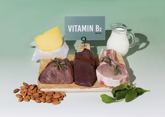 A set of natural products rich in vitamin B2 Riboflavin. Healthy food concept. Cardboard sign with...