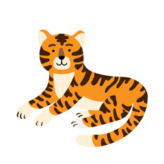 Vector Illustration of a ginger striped tiger. Symbol of chinese holiday, 2022 new year character. Wildlife and fauna theme, cat jungle, wild mammal mascot