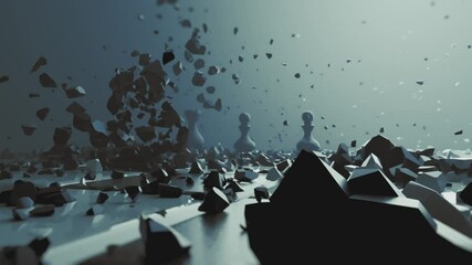 Destruction of chess figures series. Slow motion exploding figures and pawns. Symbolic illustration of total war, disagreement, disaster and failure.