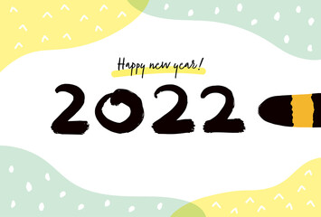 トラ・猫がしっぽで書いた2022の文字 - 寅年のかわいい手書き素材 - フレーム付き
