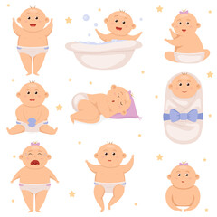 Set with cute little baby boy in diaper. Active baby. Infant new born. Toddler babies activity cute cheerful characters nowaday