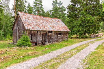 Fototapeta na wymiar Wood shed in the woodland at a dirt road