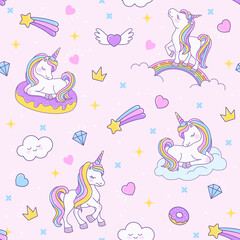 Unicorn seamless pink pattern with unicorns on a rainbow, on a cloud and on a donut. Endless background for textiles, notebooks, cards and children’s birthday celebrations. Vector stock cute texture.
