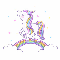 Unicorn on the rainbow. Cute baby character isolated on a white background. Pony with a horn for your greeting cards, posters, stickers, prints.