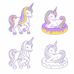 Unicorn on a donut and cute cartoon baby pony with a horn. Vector illustration isolated on a white background. Birthday character. Pictures for coloring book.