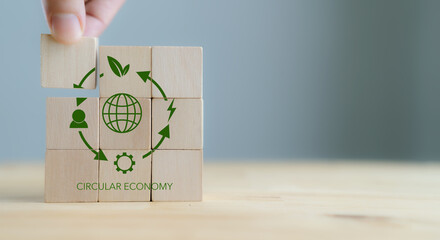Circular economy concept, recycle, environment, reuse, manufacturing, waste, consumer, resource. Sustainable development. Hand put wooden cubes; the symbols of circular economy on grey background. - obrazy, fototapety, plakaty
