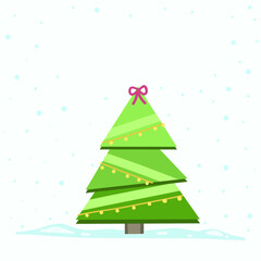 Vector Christmas Tree Isolated from Background. Snow Falling in Holiday Season Xmas and new year graphic template. Modern Tannenbaum tree decorated with lights and ornaments.