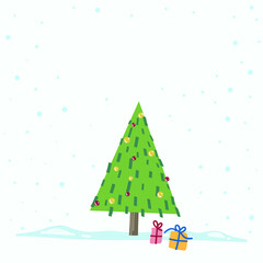 Vector Christmas Tree Isolated from Background. Snow Falling in Holiday Season Xmas and new year graphic template. Modern Tannenbaum tree decorated with lights and ornaments.