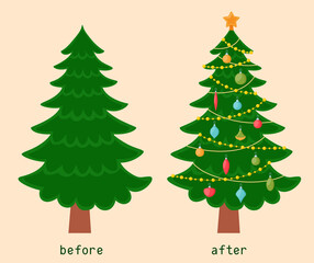 Christmas tree before and after decoration. Vector illustration