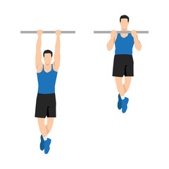 Man doing Chin up exercise. Flat vector illustration isolated on white background. workout character set