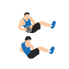 Man doing Weighted Russian. Mason twists exercise. Flat vector illustration isolated on white background. workout character set - obrazy, fototapety, plakaty