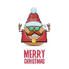 vector rock star santa potato funny cartoon cute character with with red santa hat and calligraphic merry christmas text isolated on white background. rock n roll christmas party poster