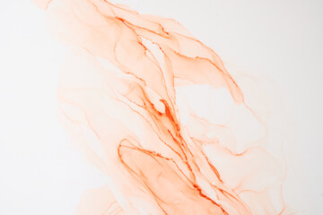 Abstract ocher watercolor on white background. Yellow orange brown paint stains and spots in water,...