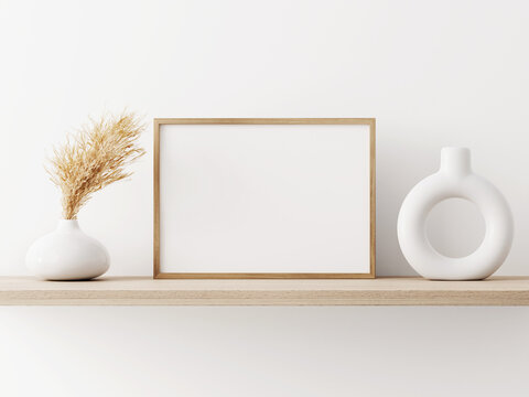 Horizontal frame mockup in warm neutral minimalist interior with dried pampas grass and trendy vase standing on wooden beige brown shelf on empty white wall  background. Illustration, 3d rendering