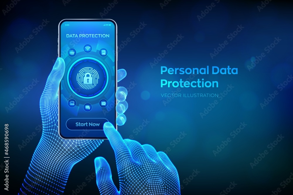Poster personal data protection business concept. cyber security. fingerprint with padlock icon. private se