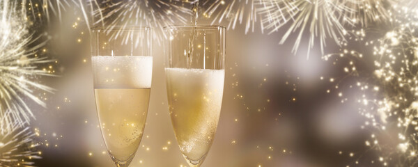 pouring sparkling champagne into two champagne glasses in front of frame of blurred fireworks at abstract night sky background, festive party concept with free space and bokeh lights