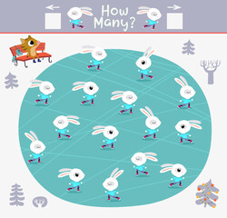Cartoon Vector Illustration of Education Counting Game for Preschool Children. How many bunnies are skating on the ice rink