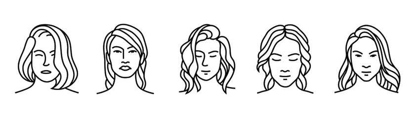 editable stroke line collection of various girl head in a black monoline style. simple logo element ideas for skincare, makeup, beauty studio, etc.