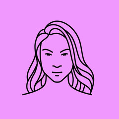 a girl face illustration in a black monoline style. a simple logo element idea of a girl with long hair for skincare, makeup, beauty studio, etc.