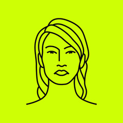 a girl face illustration in a black monoline style. a simple logo element idea of a girl with a fierce face for skincare, makeup, beauty studio, etc.