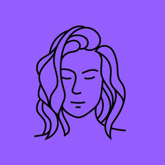 a girl face illustration in a black monoline style. a simple logo element idea of a girl with closed eyes and wavy hair for skincare, makeup, beauty studio, etc.