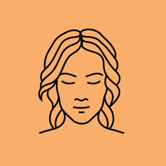 a girl face illustration in a black monoline style. a simple logo element idea of a girl with closed eyes for skincare, makeup, beauty studio, etc.