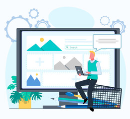 The content manager fills the website with information. A man sits on a stationery glass with pencils and brushes and holds a laptop. Flat vector illustration.
